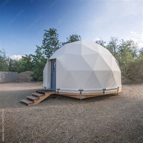 Large geodesic dome tent. Modern outdoor glamping tent. Stock Photo ...