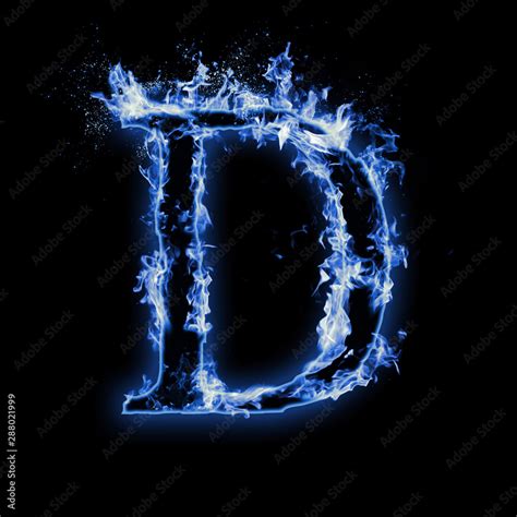 Letter D. Blue fire flames on black isolated background, realistic fire effect with sparks. Part ...