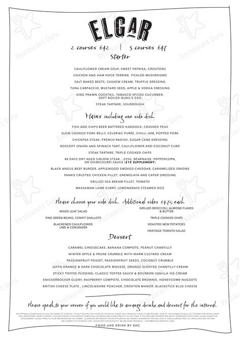 Menu at The Elgar Room Brasserie at the Royal Albert Hall cafe, London