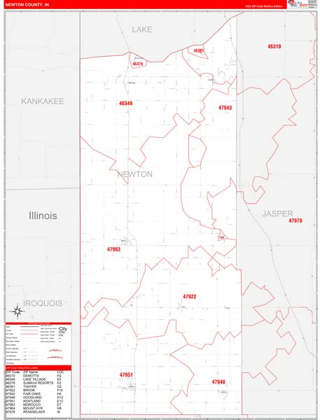 Newton County, IN Zip Code Wall Map Red Line Style by MarketMAPS - MapSales