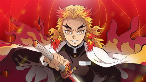 Demon Slayer Kyojuro Rengoku With Yellow Hair With Red Background HD ...