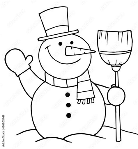 Black And White Coloring Page Outline Of A Snowman With A Broom Stock Vector | Adobe Stock