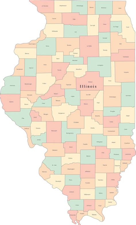 Multi Color Illinois Map with Counties and County Names