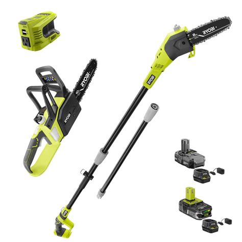 RYOBI ONE+ 18-Volt Lithium-Ion 8 in. Cordless Pole Saw, 10 in. Chainsaw ...