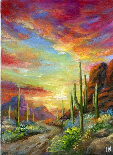 ACEO Original Arizona Desert Mountains Sunset Acrylic Miniature Painting By IM | Art, Direct ...