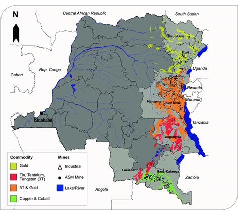 Major mining areas of important mineral commodities in the DRC ...