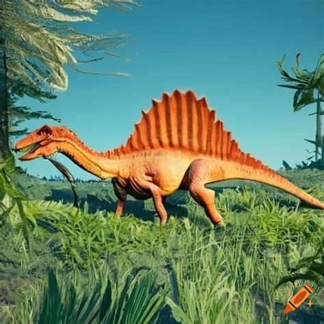 Orange spinosaurus resting in tall vegetation on Craiyon