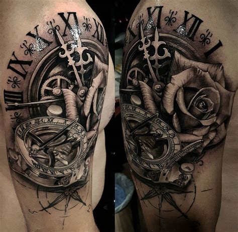 Sundial Compass, Clock & Rose | Mens shoulder tattoo, Tattoos, Watch tattoos