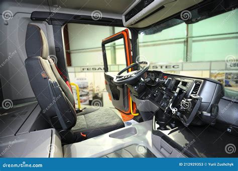 Interior of a New Model of a Dump Truck Scania Cabin: Seat, Wheel ...