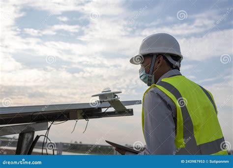 Engineer Inspects Pyranometer Installation in Solar Farm To Measure Sunlight in Solar Power ...