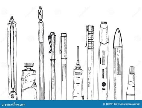 Hand Drawn Black and White Ink Illustration of Drawing Tools Stock Illustration - Illustration ...