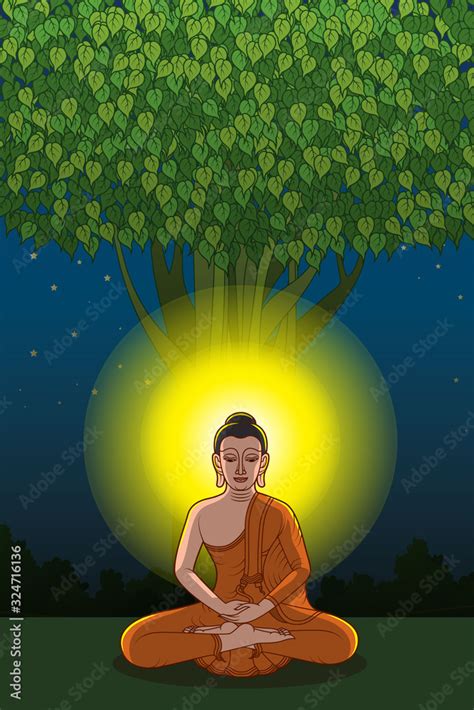 Buddha meditating under Bodhi tree at midnight Stock-Vektorgrafik ...