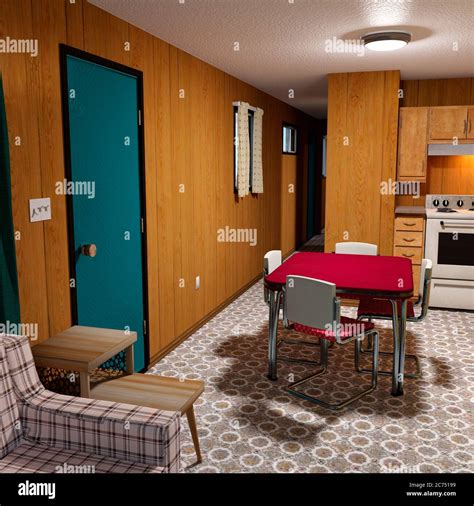 3D rendering of an old style mobile home trailer kitchen interior Stock ...