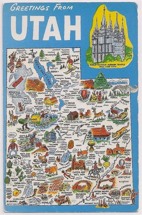 Retro Utah Tourist Map Vintage Postcard Souvenir Mormon Temple Cartoon Characters State Travel ...