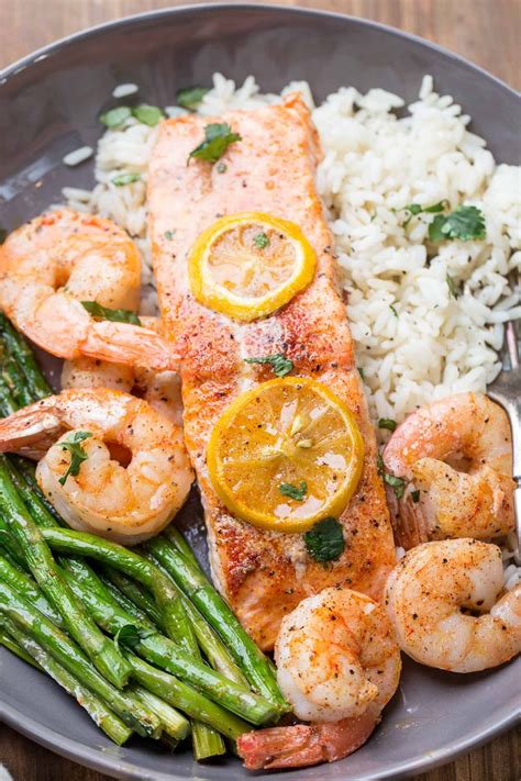 Delicious one pan salmon recipe with shrimp and asparagus. Easy oven baked salmon recipe ...