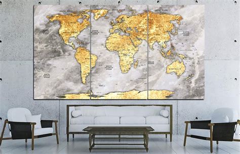 Large Gold World Map Print on Canvas Push Pin Travel Map - Etsy