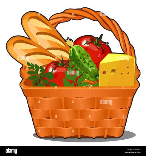 Picnic wicker basket with food product, fresh vegetables, piece of cheese, fresh loaf isolated ...