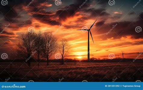 Silhouette of Wind Turbine Turning Against Dramatic Sunset Sky ...