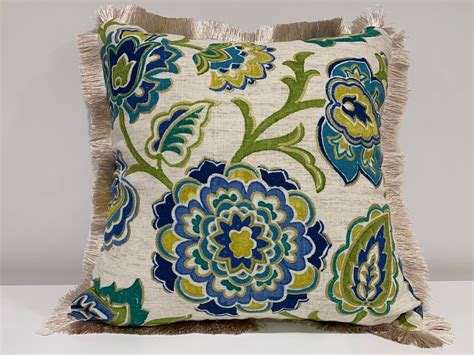 Blue/green Floral Pillow Cover, Pillow Cover With Fringe, Designer Pillow Cover, Ready to Ship ...