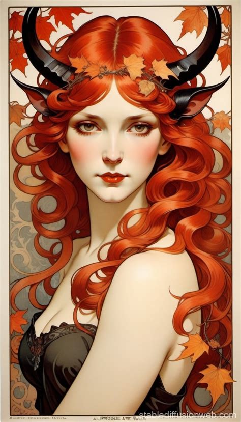 Autumn Leaves - Mucha's Crowned Woman with Horns | Stable Diffusion en línea