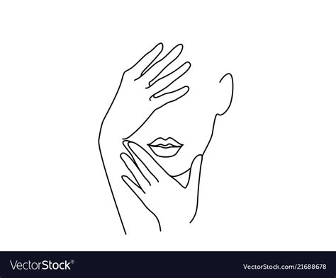 Line drawing art woman face with hands Royalty Free Vector