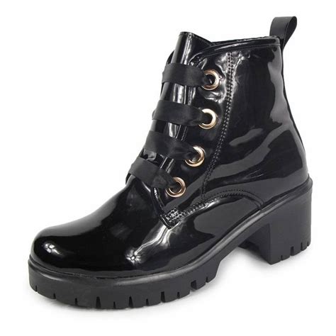 Botas Dama Mujer Charol Negro Tacón Ancho Casuales