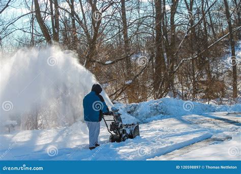 Man Snow Blowing His Driveway. Stock Image - Image of removing, thrower: 120598897