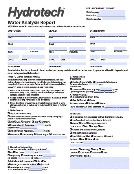 Water Analysis Form — Hydrotech