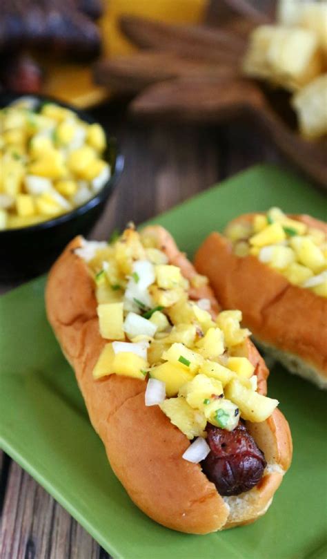 Hawaiian Hot Dogs with Grilled Pineapple Mango Salsa