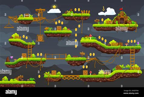 2d arcade game night level map interface. Platform, key, stairs, coins and chest icons. Classic ...