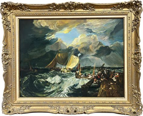 Large Marine Oil Painting Stormy Seascape Fishing Boats Calais Pier ...