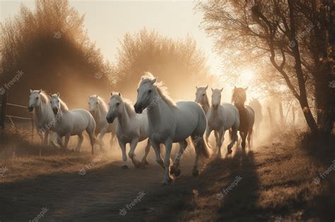 Premium AI Image | White horses running in the sunset