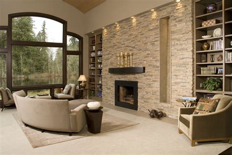 Contemporary living room with stacked stone accent wall, recess ...