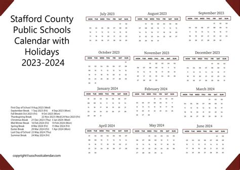 Stafford County Public Schools Calendar with Holidays 2023-2024