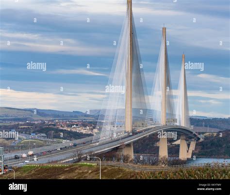 View of Queensferry Crossing bridge with southbound carriageway closed to allow road repairs. At ...