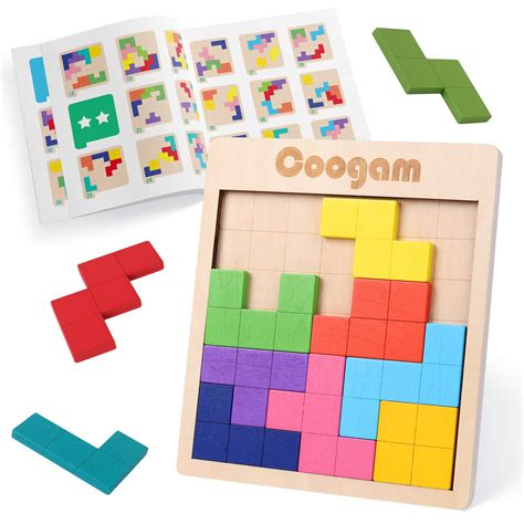 Buy Coogam Wooden Puzzle Pattern Blocks Brain Teasers Game with 60 Challenges, 3D Russian ...