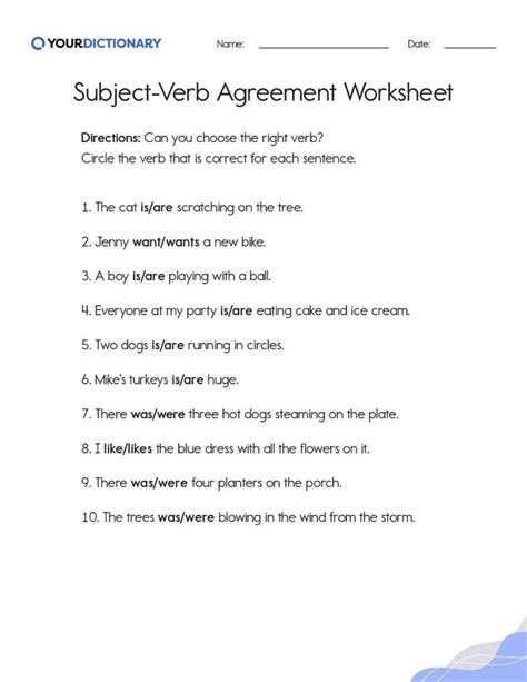 Subject-Verb Agreement Worksheets for Different Ages