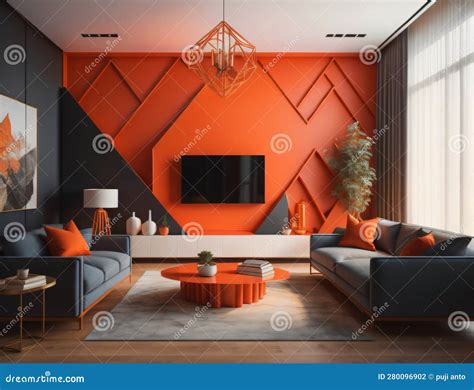 Modern Living Room Design with Orange Walls, Generative Photo Ai Stock Illustration ...