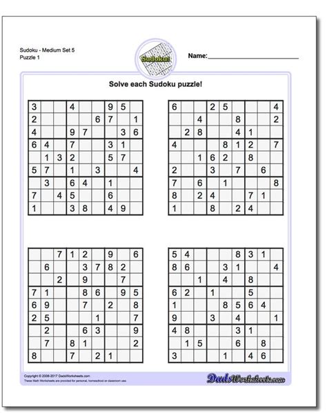 Printable Medium Sudoku https://www.dadsworksheets.com/puzzles/sudoku ...