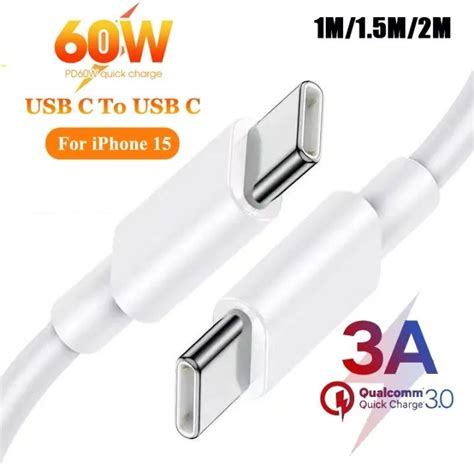 PD 60W 3A Dual Type C Data Cable Fast Charging Charger Cord for IPhone ...