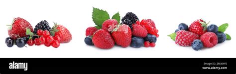 Set of different mixed berries on white background, banner design Stock ...