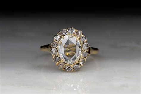 Antique Victorian Oval Rose Cut Diamond Cluster Engagement Ring - Pebble and Polish