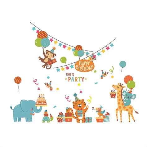 Cartoon Animals Birthday Party Wall Stickers For Kids Boys Girls Room ...