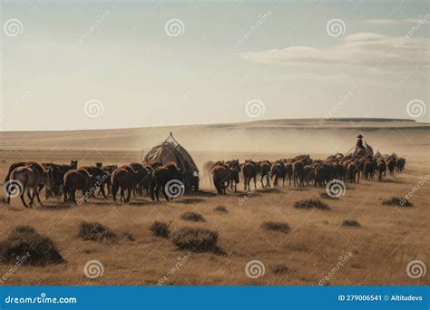 Nomadic Tribe Moving with Their Herd of Animals on Open Grassland Stock Illustration ...