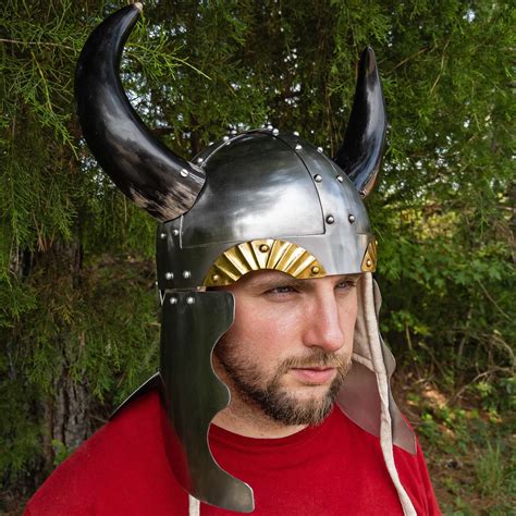 Viking Leader Horned Helmet - Medieval 18 Gauge Steel Unlined Fictional Prop Helmet w/ Real ...