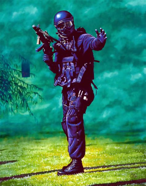 SAS Counter Terrorist emerging from the green haze of a smoke grenade during counter-terrorist ...