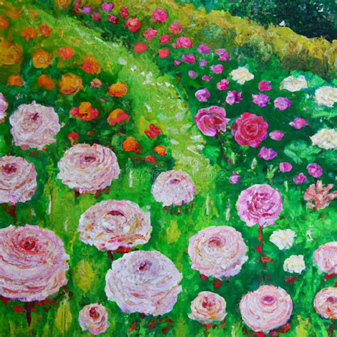 Oil Painting Rose Garden, and the Garden Has Many Rose Daisies and ...