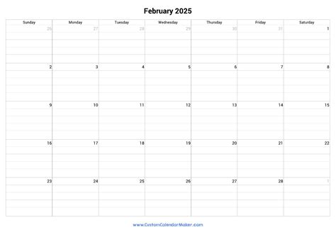 February 2025 Fillable Calendar Grid With Lines | Custom Calendar Maker