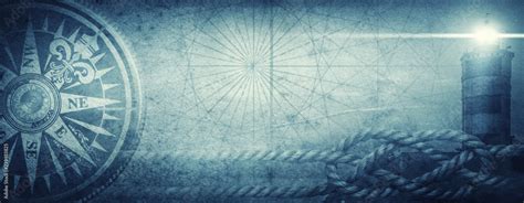 Old sea compass, lighthouse and sea knot on abstract map background ...