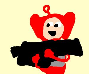 A Teletubby wielding a minigun! - Drawception